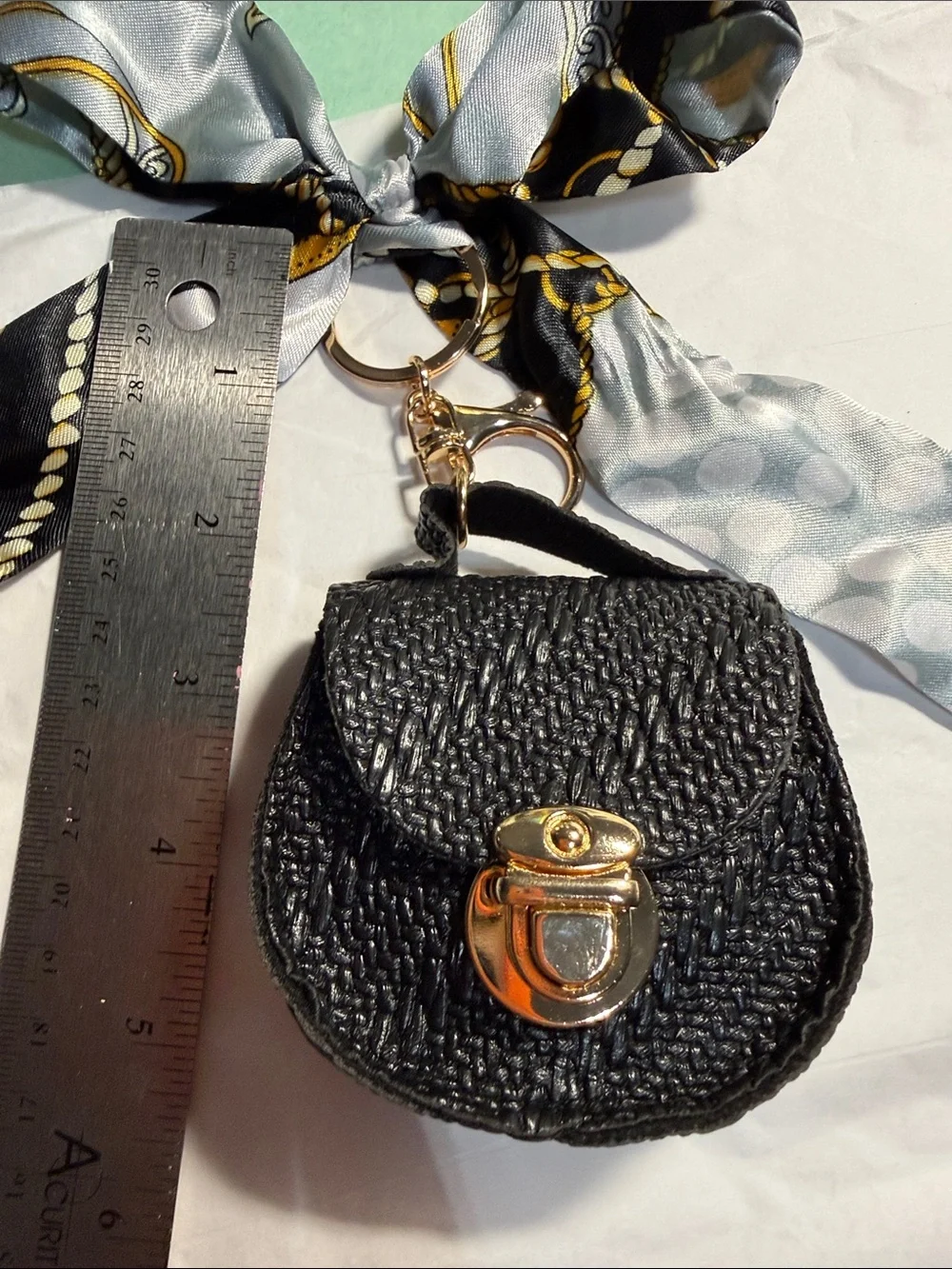 Black Woven Mini Purse Keychain with Gold Hardware with Silky Bow